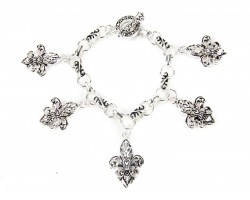 Silver Fleur De Lis Heart Charm Toggle Bracelet