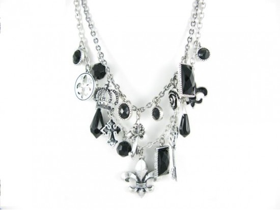 Silver Double Chain Charm Fleur De Lis Necklace Set Silver Double Chain Charm Fleur De Lis Necklace Set