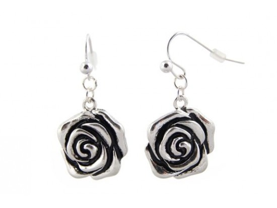 Silver Rose Fish Hook Earrings