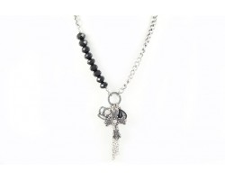 Silver Black Crystal Cross Charm Necklace
