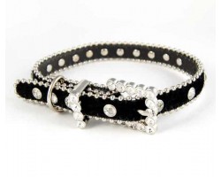15" Black Leopard Fur Clear Crystal Studded Dog Collar