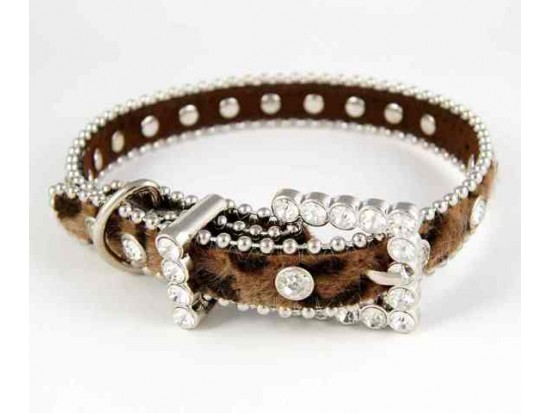 15" Brown Leopard Fur Clear Crystal Studded Dog Collar