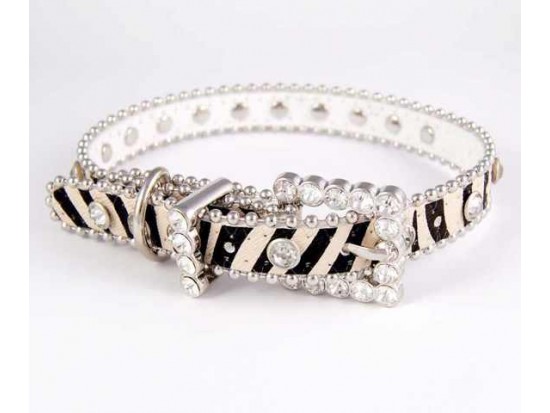 15" Zebra Patten Leather Clear Crystal Studded Dog Collar