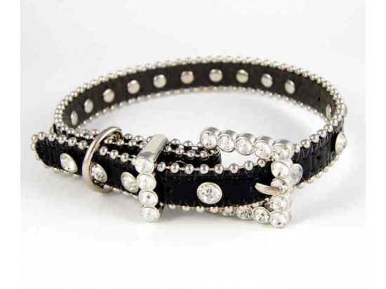 20" Black Patten Leather Clear Crystal Studded Dog Collar