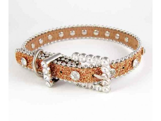20" Gold Glitter Leather Clear Crystal Studded Dog Collar