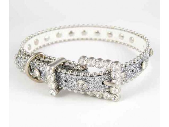 20" Silver Glitter Leather Clear Crystal Studded Dog Collar