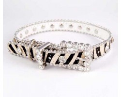 20" Zebra Leather Clear Crystal Studded Dog Collar