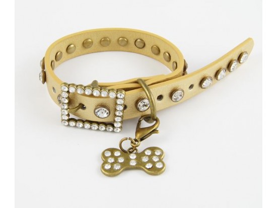 11" Gold Leather Clear Crystal Studded Dog Collar