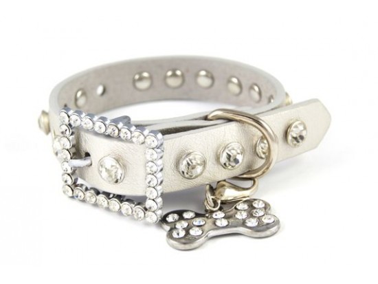 15" Silver Leather Clear Crystal Studded Dog Collar