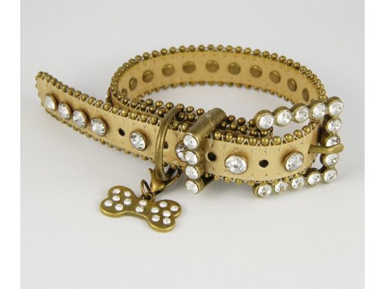 15" Gold Leather Clear Crystal Studded Dog Collar