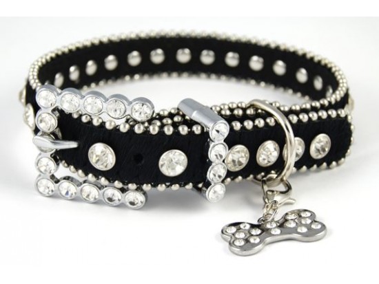 17" Black Patent Leather Clear Crystal Studded Dog Collar