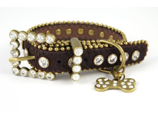 17" Dark Brown Patent Leather LCT Crystal Studded Dog Collar