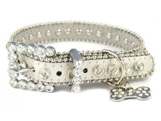 17" Silver Leather Clear Crystal Studded Dog Collar