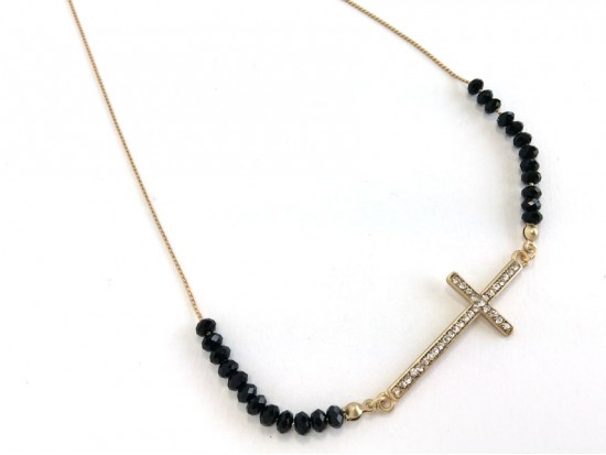 Black Crystal Gold Cross Bead Necklace