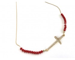 Red Crystal Gold Cross Bead Necklace