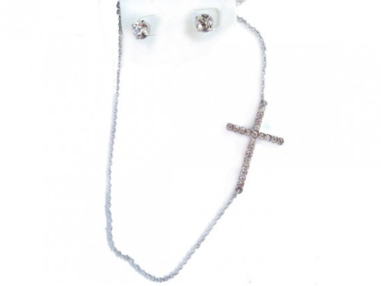 Silver Crystal Side Cross Link Necklace Set