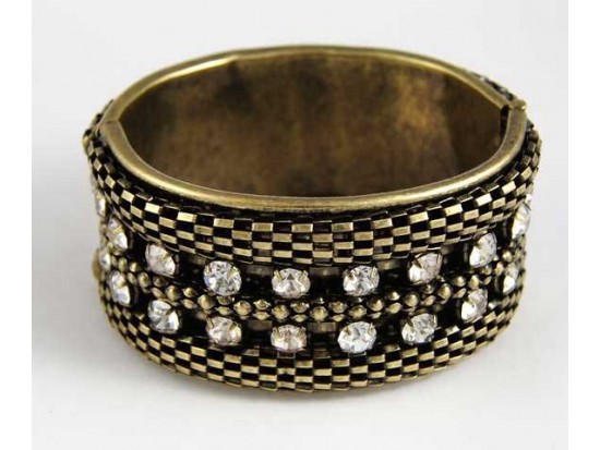 Antique Gold & Clear Crystal Link Chain Wide Cuff Bracelet