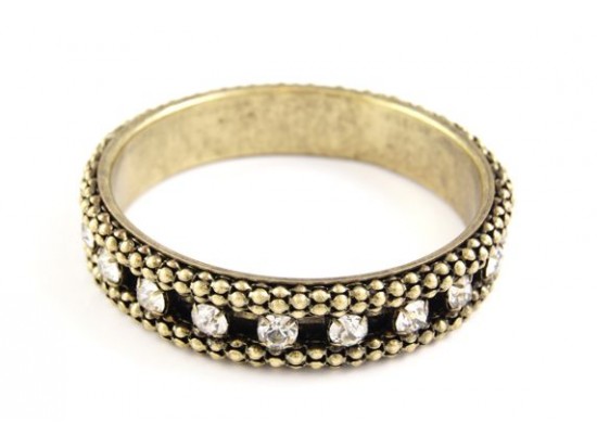 Antique Gold Plate & Clear Crystal Chain Link Narrow Cuff Bracelet