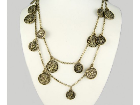 Antique Gold Plate Australia Half Penny Coin Charm 2 Strand Necklace Antique Gold Plate Australia Half Penny Coin Charm 2 Strand Necklace