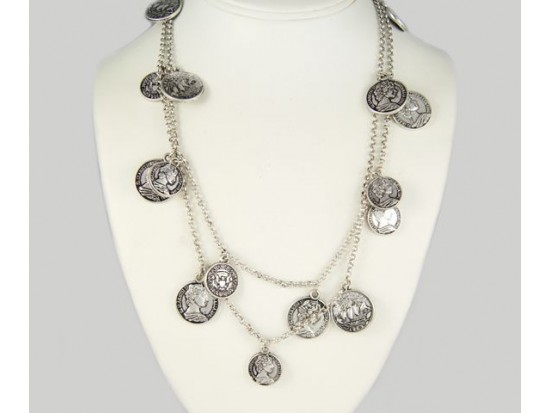 Antique Silver Plate Australia Half Penny Coin Charm 2 Strand Necklace
