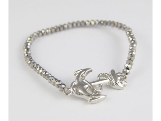 Silver Plate Anchor Charm Hematite Crystal Bead Stretch Bracelet