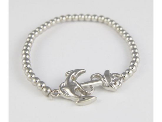 Silver Plate Anchor Charm Bead Stretch Bracelet