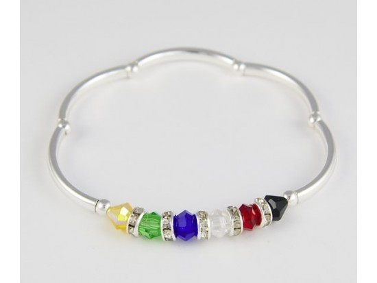 Dark Multi Crystals Silver Tube & Bead Stretch Bracelet