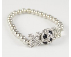 Crystal "Mom" Soccer Silver Bead Stretch Bracelet