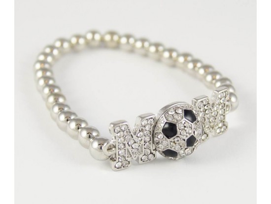 Crystal "Mom" Soccer Silver Bead Stretch Bracelet