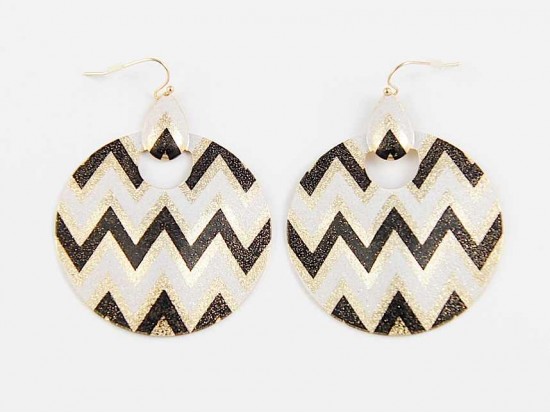 Black & White Chevron Round Door Knockers Hook Earrings