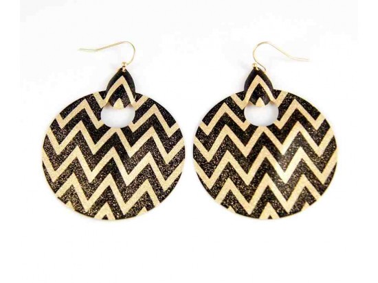 Black & Gold Chevron Round Door Knockers Hook Earrings