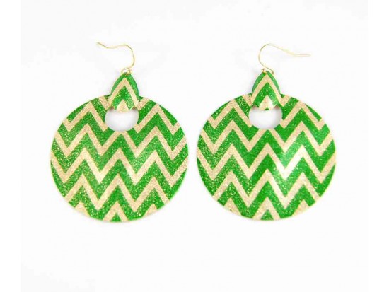 Green & Gold Chevron Round Door Knockers Hook Earrings