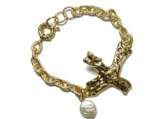 Gold Distressed Cross Pearl Charm Chain Bracelet