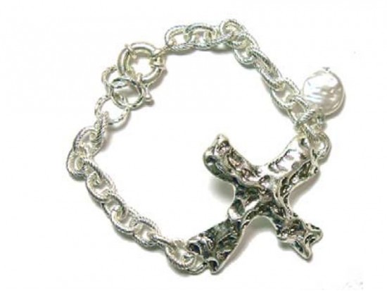Silver Distressed Cross Pearl Charm Chain Bracelet