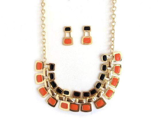 Black Orange Tab Gold Chain Link Necklace Set Black Orange Tab Gold Chain Link Necklace Set