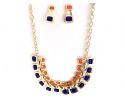 Blue Orange Tab Gold Chain Link Necklace Set