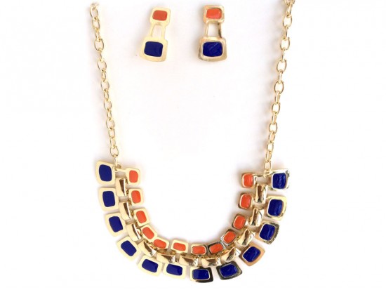 Blue Orange Tab Gold Chain Link Necklace Set