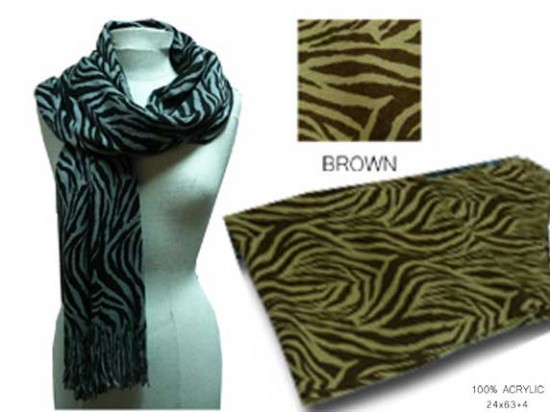6.5' Acrylic Brown Zebra Print Shawl Scarf with Fringes 6.5' Acrylic Brown Zebra Print Shawl Scarf with Fringes