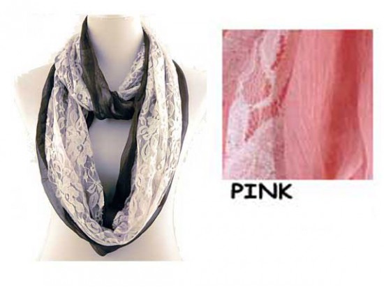 Pink with White Lace Overlay Infinity Scarf Pink with White Lace Overlay Infinity Scarf