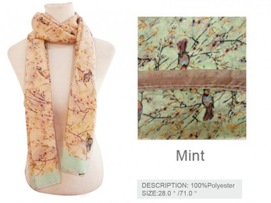 Mint Abstract Bird In Tree Oblong Scarf