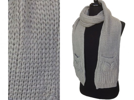 Gray with Bow on Pocket Oblong Cable Knit Scarf