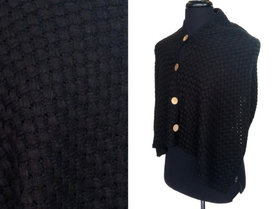 Black Open Weave Knit Button Wrap Shawl