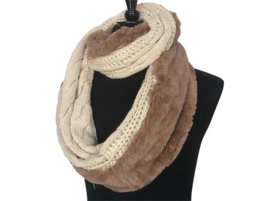 Taupe Knit Infinity Scarf Brown Fur Lined