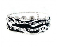 Black White  Zebra Leather Crystal Snap Bracelet
