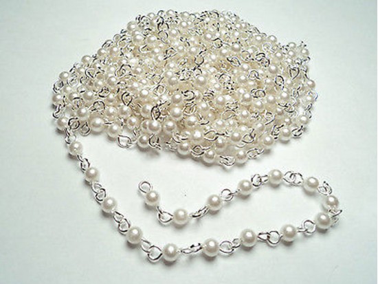 Shiny Silver Link Rosary 4 mm Pearl Bead Chain