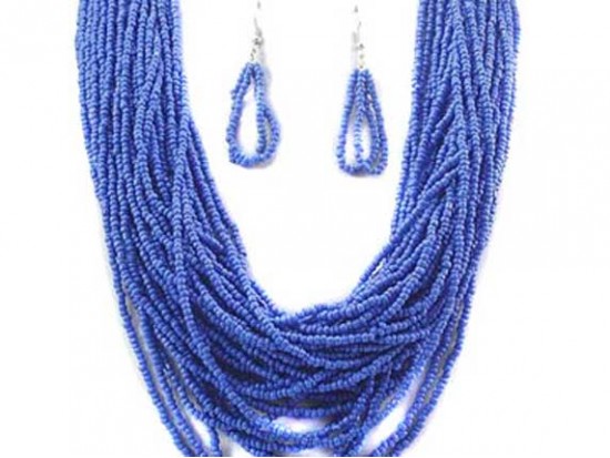 Blue Beaded 20 Strand 36 Inch Long Necklace Set Blue Beaded 20 Strand 36 Inch Long Necklace Set
