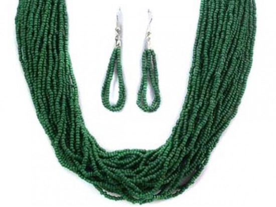 Green Beaded 20 Strand 36 Inch Long Necklace Set