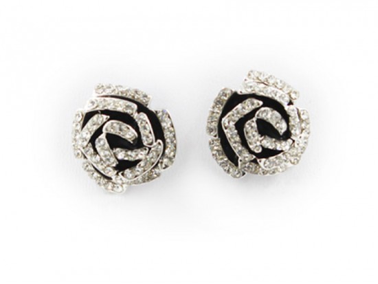 Black Enamel Clear Crystal  Rose Post Earrings