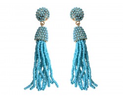 Turquoise Inlay Seed Bead Tassel Gold Post Earrings