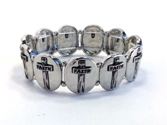 Silver Plate Oval Crosses Stretch Bracelet
